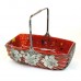 Flower basket / jardiniere with red glass dish in braided metal basket